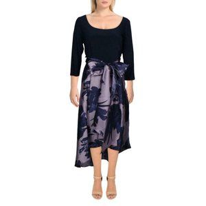 R&M Richards Womens Floral Contrast Hi-Low Fit & Flare - Navy Orchid size 14 NWT
